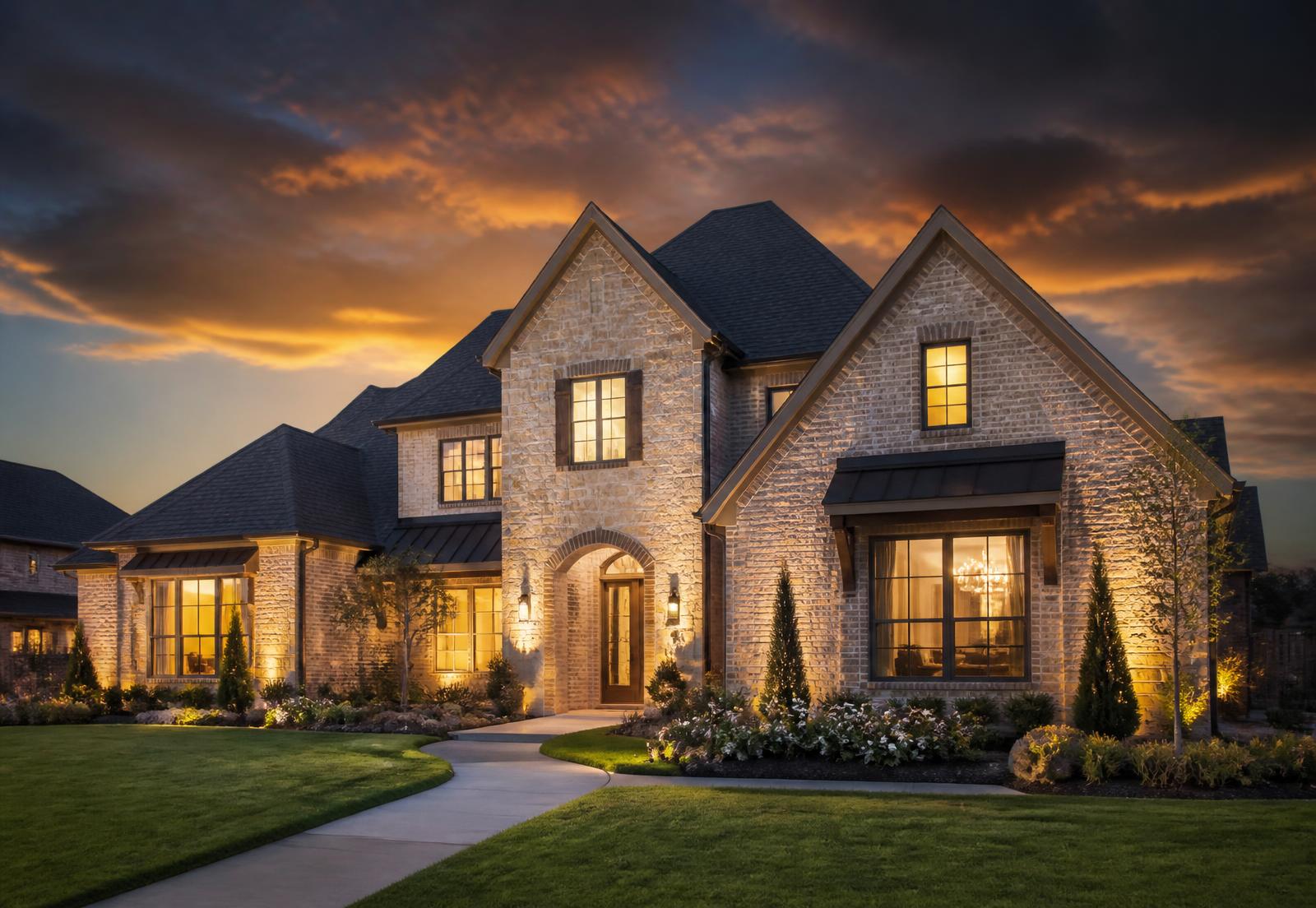 Upscale new-construction rental home at golden hour